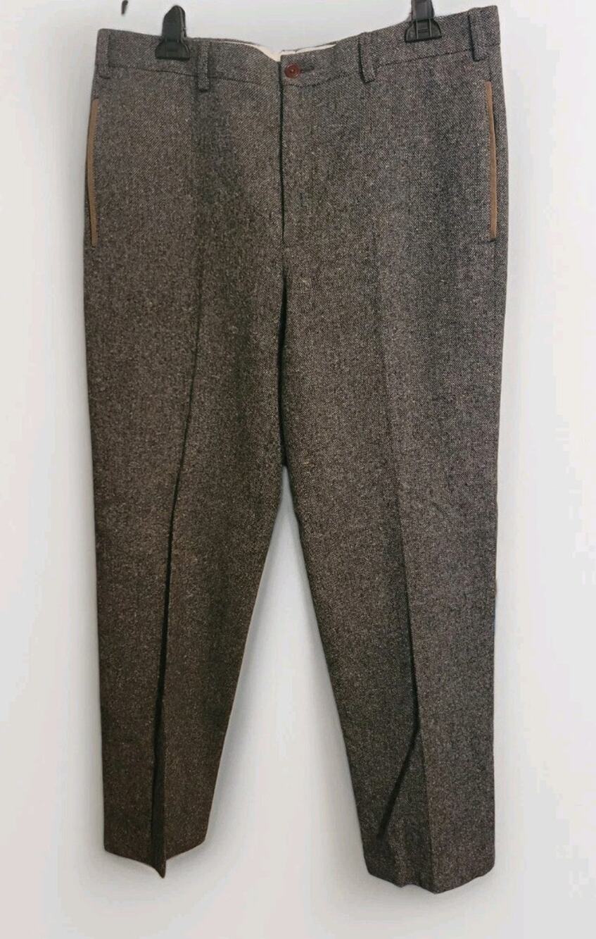 Orvis Donegal Fleck Tweed Gray Wool Trousers Leather Trim |36| English Country